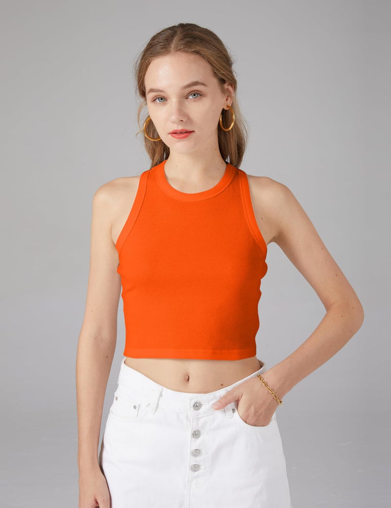 MISSACTIVER Women Basic Sleeveless Vest Crop Tank Top Casual Crew Neck Binding Crop Top (Large, Orange) - Image 5